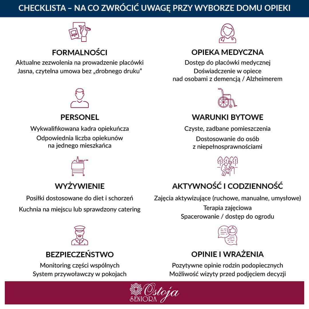 Checklista - na co zwrócić uwagę przy wyborze domu opieki: formalności, opieka medyczna, personel, warunki bytowe, wyżywienie, bezpieczeństwo i opinie